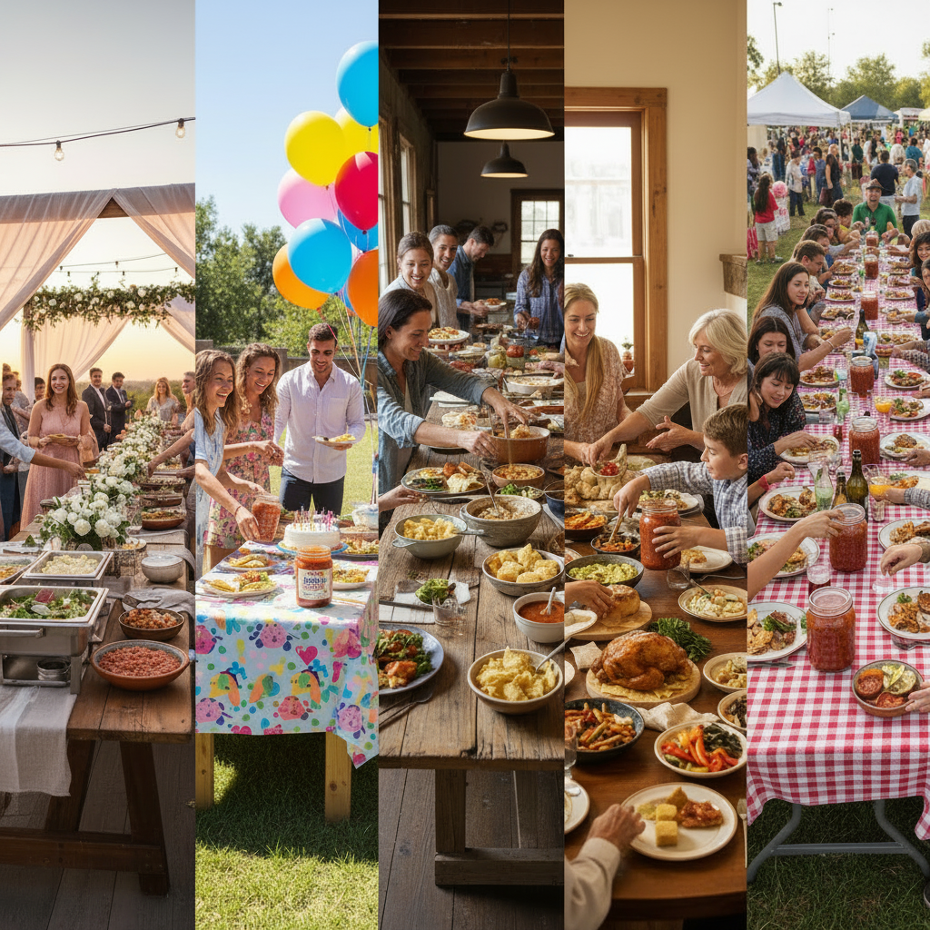 Friends and family gathered around a table at an outdoor celebration